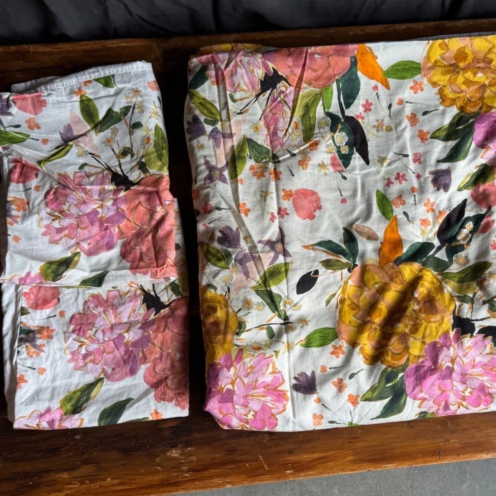 Anthropologie Sora Organic Sateen Duvet Cover Queen Floral Pink Yellow White
